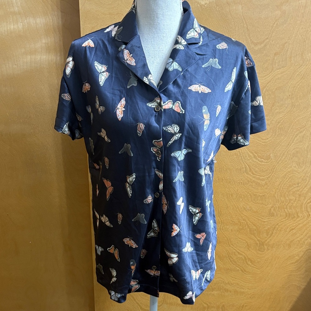 Honeydew Blue Butterfly Satin Like Pajama Top Button Down Size XS